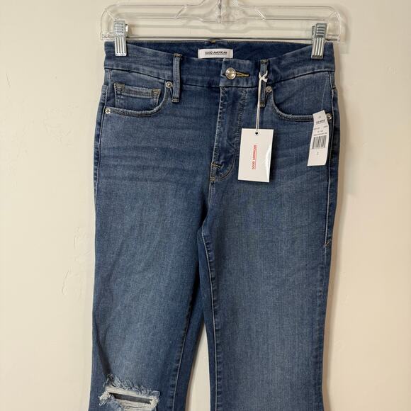 Good American Women's Jeans Good Flare Split Hem Blue Denim NEW 2 Distressed - Picture 4 of 8